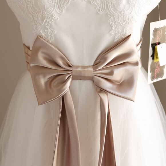Girls Formal Ivory Tulle Embroidered Lace Champagne Bow Sash Size 14 NWT - Picture 2 of 9